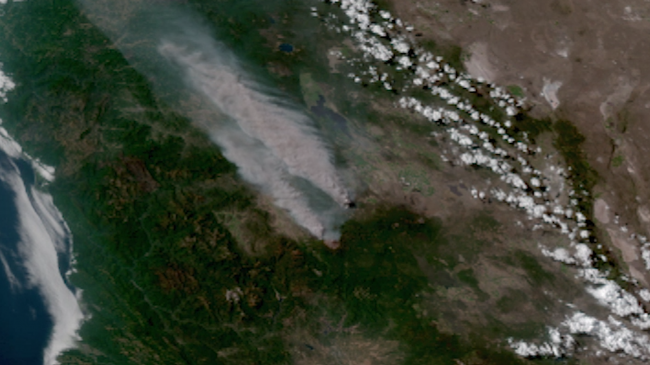 NOAA GOES-West satellite image of wildfire plumes