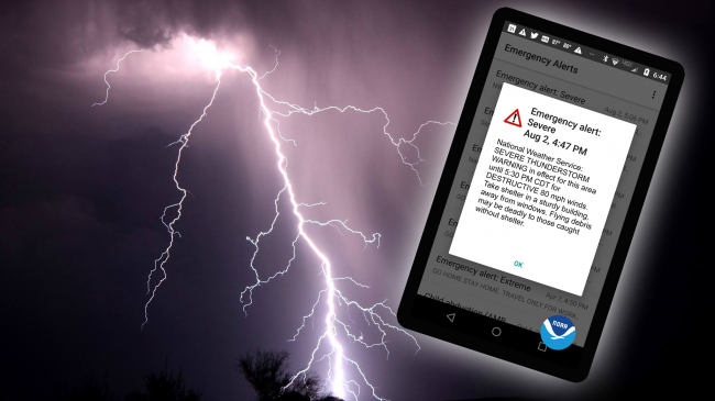 Cell phone emergency alert and a large, branched bolt of lightning. Lightning strikes the United States about 25 million times a year. 