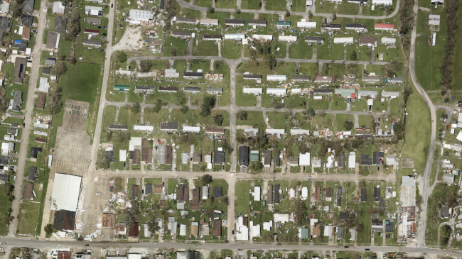 A NOAA National Geodetic Survey emergency response overflight captured this aerial image of damage to buildings and homes in Houma, Louisiana, following Hurricane Ida on August 30, 2021.