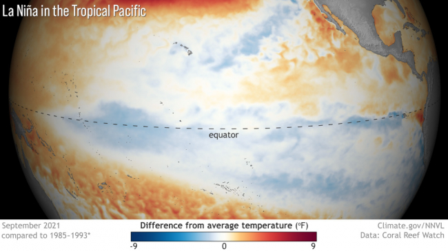 What La Nina looks like: This graphic shows cooler-than-average sea surface temperatures along the equator is indicative of La Nina in the tropical Pacific Ocean in September 2021. 