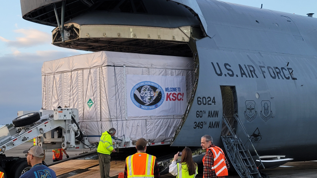 NOAA’s GOES-T is unloaded from a cargo jet.