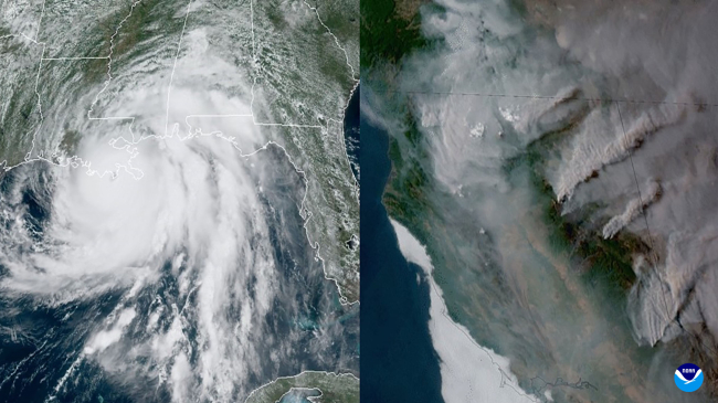(Left) Hurricane Ida making landfall in Louisiana, as seen by the GOES-16 satellite on August 29, 2021. (Right) Smoke plumes from numerous California wildfires, as seen from the GOES-17 satellite on August 23, 2021. Ida and the western wildfires were two of the U.S. weather and climate disasters in 2021 that each exceeded $1 billion in damages. A new NOAA tool now pinpoints the risk of natural disasters across the U.S. down to county level. 