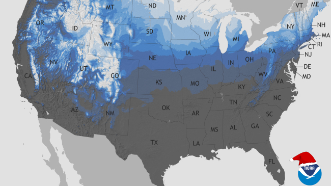 Map showing the historical probability of a white Christmas.