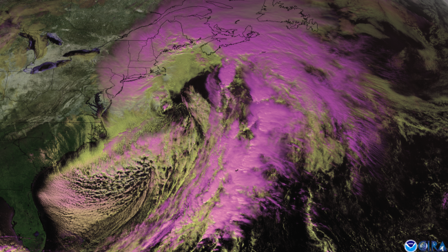 NOAA GOES-16 satellite imagery shows a powerful nor’easter pounding the eastern U.S. on January 29, 2022.