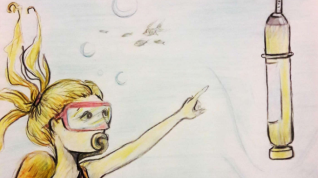 An illustration of a young girl underwater wearing a scuba mask and regulator. She points to an underwater data collection device.