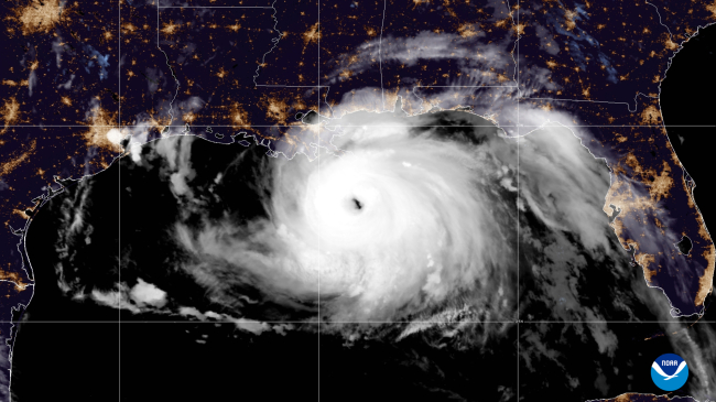 A satellite image of Hurricane Ida approaching land in the Gulf of Mexico taken by NOAA's GOES-16 (GOES East) satellite at 4:10 am (EDT) on August 29, 2021. 