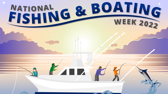 Graphic of men and women fishing off of a boat, as a female angler catches a marlin. 