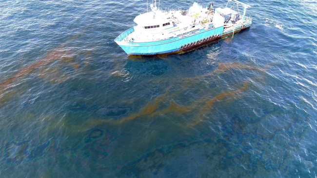 Photol of research vessel at the Taylor Energy oil spill site offshore of Louisiana pre-containment