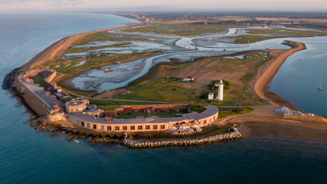 An aerial view showing storm and sea level rise damage at Hurst Castle on August 10, 2021 in Hampshire near Lymington, England. 
