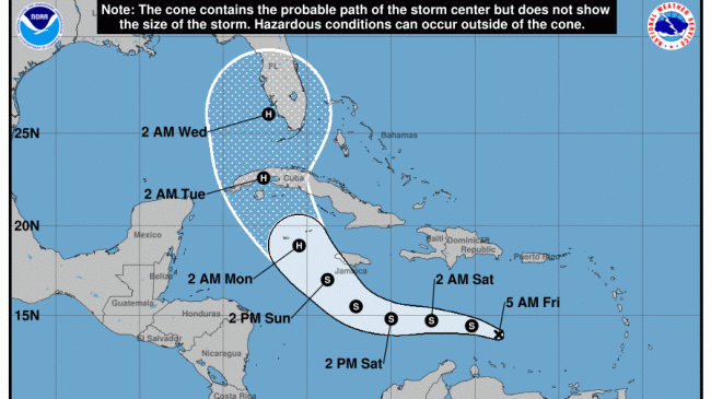 The Tropical Cyclone Track Forecast Cone for Hurricane Ian shows the most likely track of the center of the storm as it makes landfall in Cuba, Florida and South Carolina.