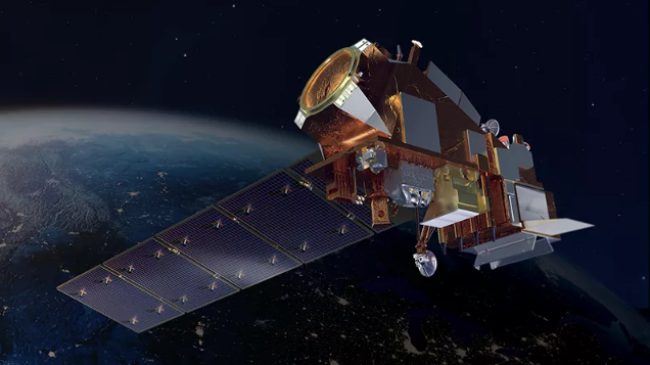 An artist's rendering of the JPSS-2 satellite in orbit around the Earth.