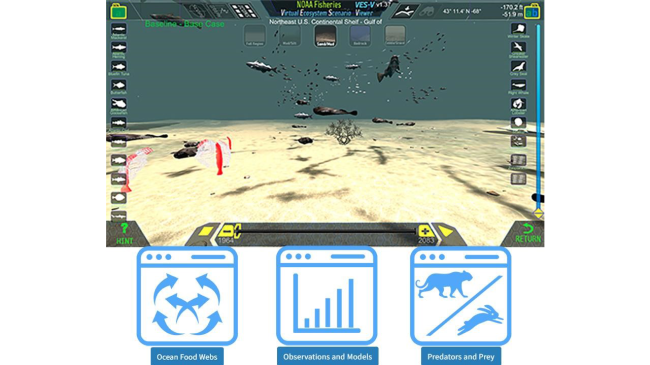 A screenshot of the Virtual Ecosystem Viewer (VES-V) that shows a computer-generated underwater ocean scene with many species of fish and invertebrates. The edges of the VES-V screen feature dozens of buttons and virtual controls. Below the screenshot are three icons that represent the three modules: ocean food webs, observations and models, and predators and prey. 