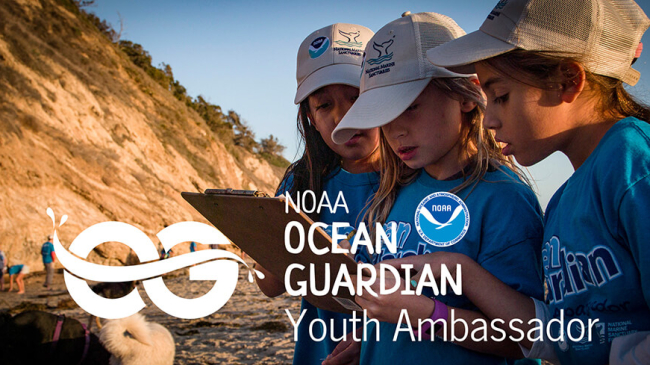Three students examining a clipboard on a beach with a cliff behind them. The text "NOAA Ocean Guardian Youth Ambassador" and the logo for the program is overlaid.