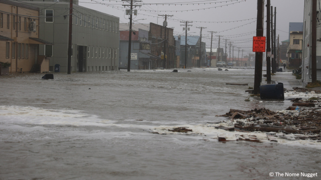 Photo of Front Street in Nome, Alaska, which  was underwater on Saturday, September 17, 2022, as the destructive remnants of Typhoon Merbok lashed Nome and many other western Alaska coastal communities.