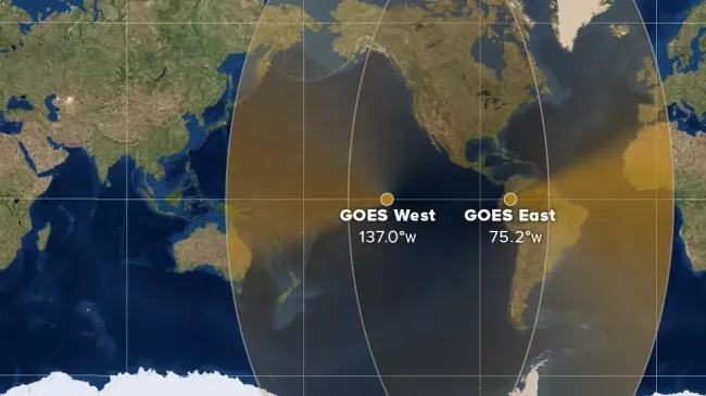 Map showing the geographical coverage of the GOES East and West satellites.