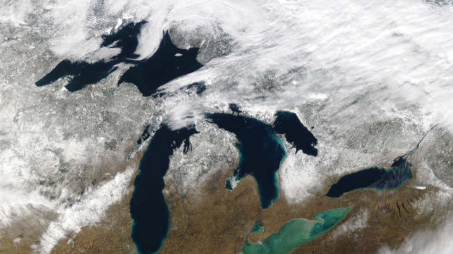 MODIS satellite image from February 12 2023: Shows below-average ice cover for this time of year on the Great Lakes.