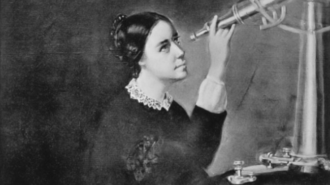 A black and white photo of a portrait in which a young Maria Mitchell peering through a telescope. 1852.