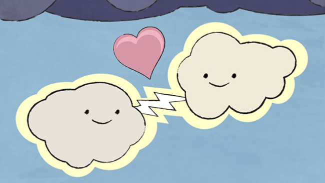 A Valentine's Day card showing a graphic of two cartoonish clouds and a lightning strike between them. Text: My love for you is electric!