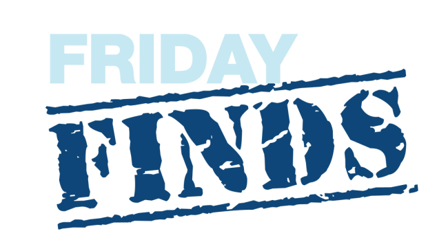 The word "Friday" in a  light blue block font and the word "Finds" in the style of a  dark blue stamp.
