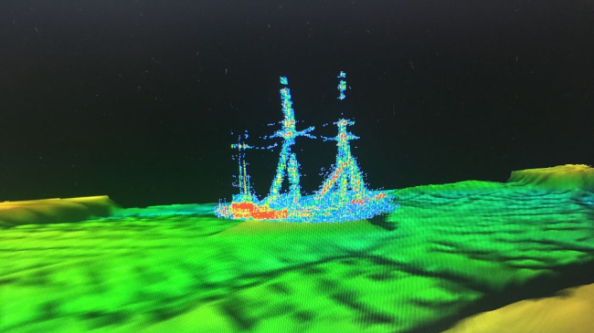 Image of the schooner-barge Ironton as it sits on the lake floor today. This image is a point cloud extracted from water column returns from multibeam sonar.