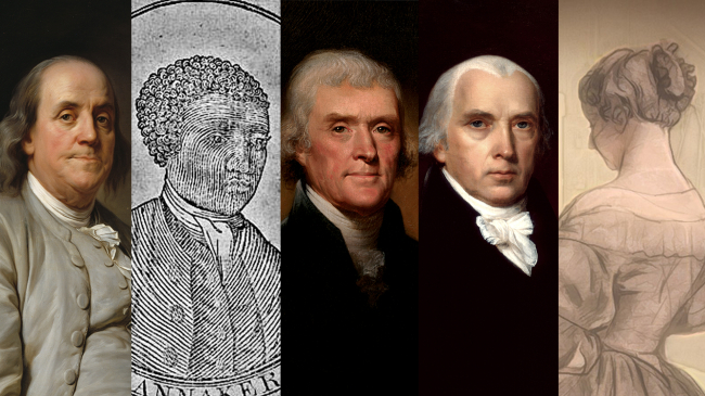 Thin sections of portraits of Benjamin Franklin, Benjamin Banneker, Thomas Jefferson, James Madison, and Eunice Newton Foote lined up next to each other.