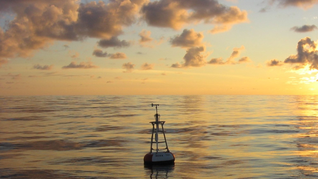 Moored buoy collecting atmospheric and oceanic data in the tropical pacific to improve our understanding of climate and weather.