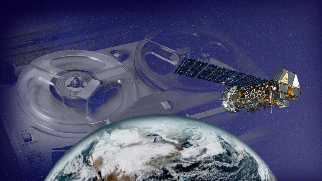 Illustration showing rolling tape, the Earth and a NOAA Polar Operational Environmental Satellites (POES) satellite.