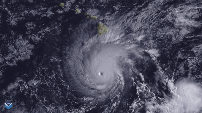 Satellite image of Hurricane Lane, a category 5 hurricane passed within 150 miles of the Main Hawaiian Islands. It set the state record for tropical cyclone rainfall (58 inches) and caused over $7 million in damage. Image from NOAA’s GOES-West satellite, August 22, 2018.