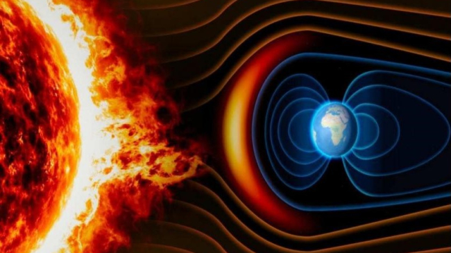 An artist's rendering of solar winds colliding with Earth's magnetic field.
