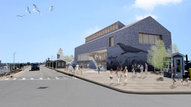 Artist rendering of a new visitor center in Provincetown, Massachusetts, for Stellwagen Bank National Marine Sanctuary. NOAA is investing $15 million from the Inflation Reduction Act to support construction. The visitor center will feature interactive exhibits on the natural history and cultural heritage of the region.