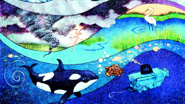 Art collage showing skies, weather, sea and land scenery to accompany story about fun NOAA science activities for kids, parents and teachers.