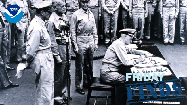 Fleet Adm. Chester W. Nimitz signing surrender document on board the USS MISSOURI (BB-63), at left are Gen. Douglas MacArthur, Adm. William F. Halsey, and R. Adm. Forrest P. Sherman, Deputy Chief of Staff for Adm. Nimitz.