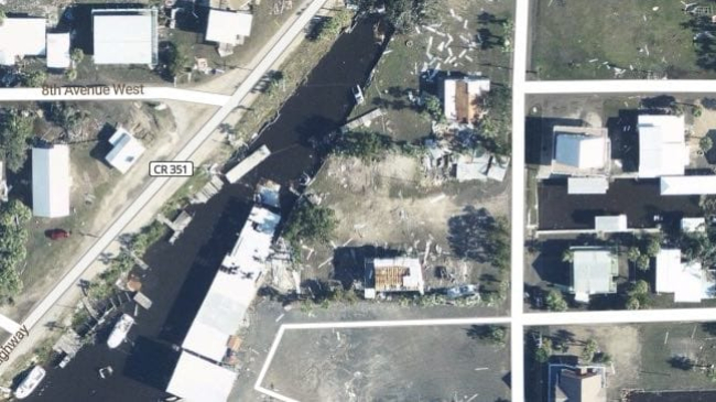 An aerial image from a NOAA National Geodetic Survey overflight of the destruction of homes and property in Horseshoe Beach, Florida, taken August 31, 2023.