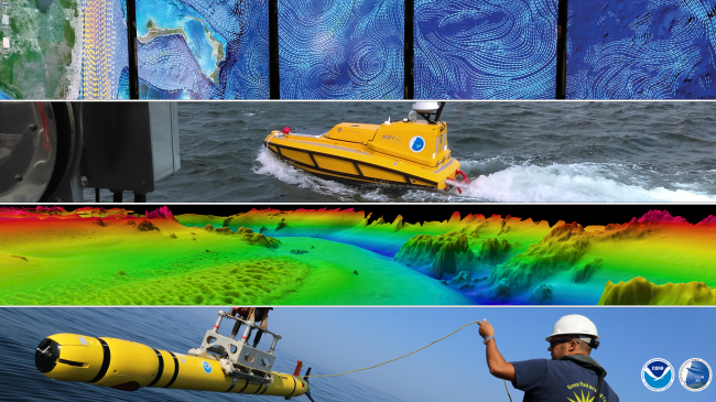 A group of four images (top to bottom): an image of the Visual Lab at University of New Hampshire/Joint Hydrographic Center, an uncrewed surface vessel during survey operations, a digital terrain map of the entrance to Portsmouth Harbor, NH., and an image of an autonomous underwater vehicle being deployed. 