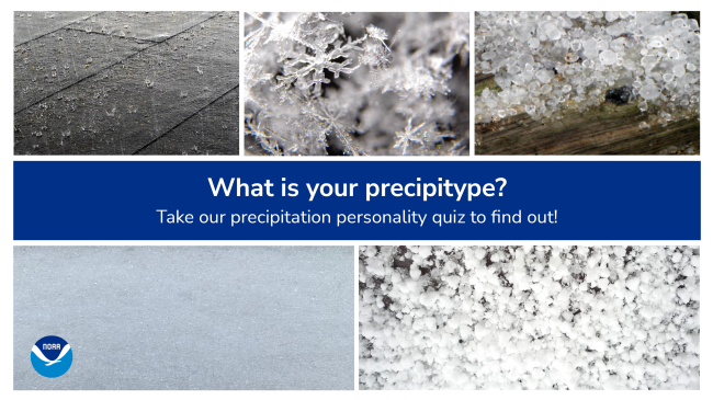 Text on photo of five types of precipitation: rain, snow crystals, hail, sleet, and graupel. Text reads "What is your precipitype? Take our precipitation personality quiz to find out!