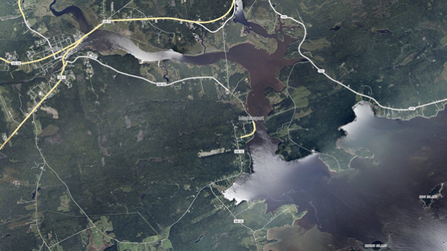 This Sept. 16, 2023, aerial image shows flooding in the area around Machiasport, Maine, after Hurricane Lee passed through.