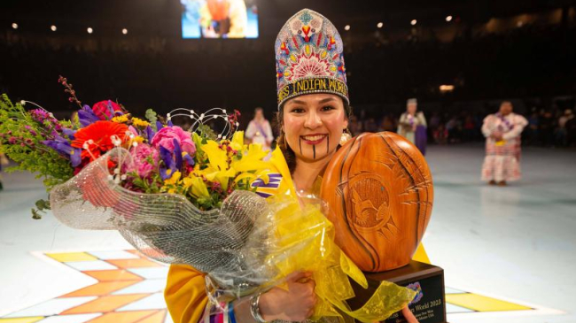 Tori McConnell in traditional dress at the tribal Gathering of Nations, where she was crowned Miss Indian World in spring 2023. She is the first member of the Yurok Tribe of Northern California to hold the title.
