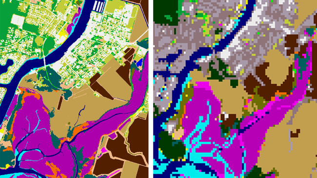 Map image showing the difference between 30-meter and high-resolution land cover data can mean the difference between seeing large amounts of impervious surface versus neighborhoods with patches of forested area. The image on the right shows 30-meter land cover data for Shelter Bay in Skagit County, Washington, while the image on the left shows the same area with 1-meter high-resolution land cover data, making the product 900 times more detailed.