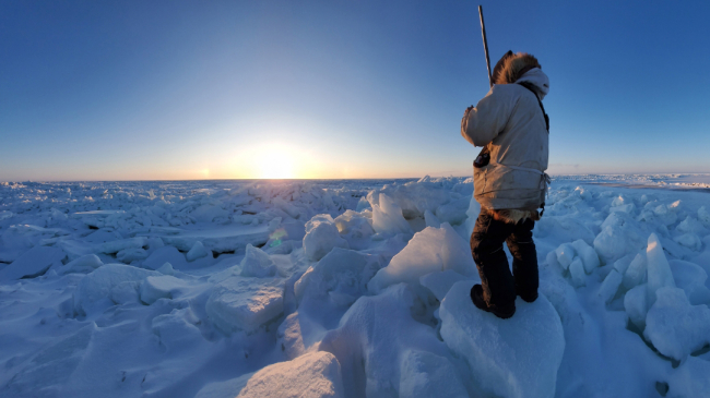 Guy Omnik observing the sea ice near Point Hope, Alaska, in January 2020 as part of the Alaska Arctic Observatory and Knowledge Hub. Courtesy of Caroline Nashookpuk.