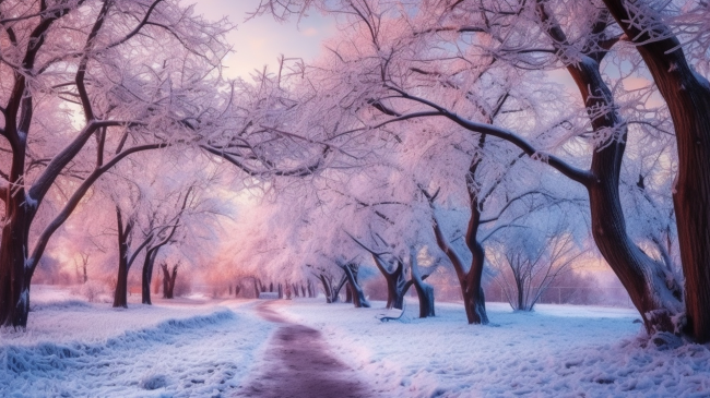 Snow on trees and street with a pink hue.