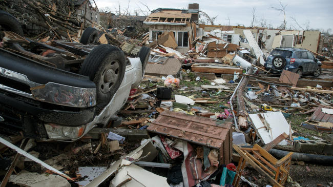 March 31, 2023: Tornado damage in the Walnut Ridge neighborhood of Little Rock, Arkansas. This tornado, as well as the larger severe weather outbreak associated with it, was one of 28 separate billion-dollar disasters to impact the U.S. in 2023.