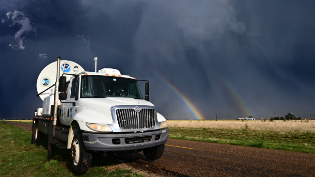 NOAA'S National Severe Storms Laboratory uses mobile radars to study tornadoes, hurricanes, dust storms, winter storms, mountain rainfall, and even swarms of bats. NOXP (seen above) is a mobile Doppler radar that also has dual-polarization capabilities. This information helps enhance forecasts of precipitation amounts and can be used to improve computer predictions of thunderstorms.