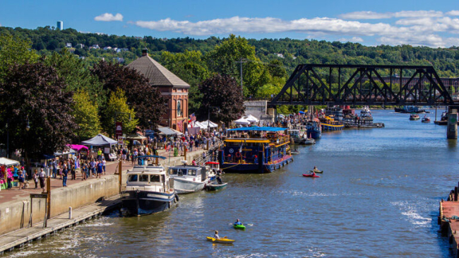 an areal view of Waterford Park, Erie canal, New York, during a festival