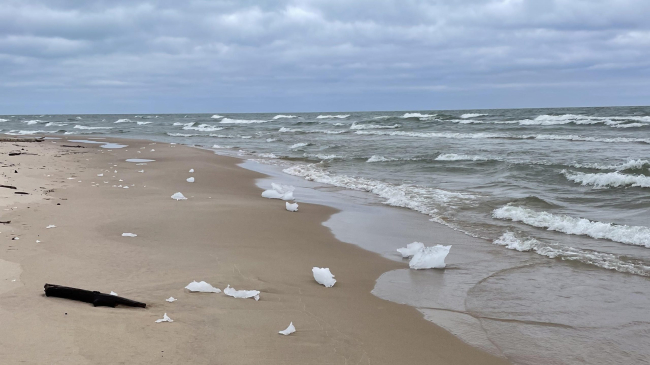 A shoreline view of Lake Michigan, just north of Muskegon, Michigan, on February 11, 2024. Though small chunks of ice dot the sandy beach, there is little-to-no ice coverage on the lake. Usually in February, the ice would be many inches thick at this same location, and the waves would be well off shore.
