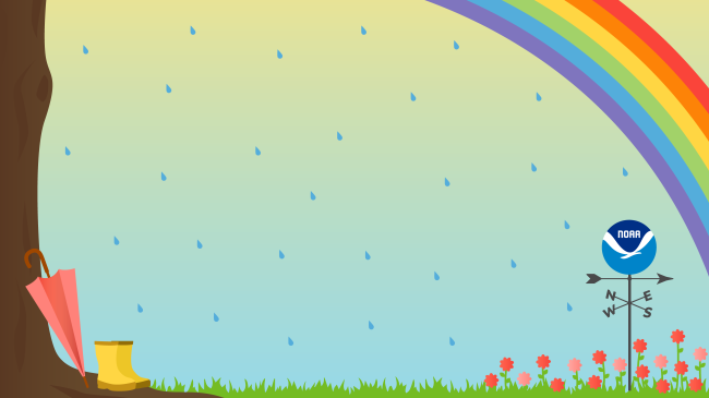  A graphic of a spring day with rain drops, a NOAA weather vane, rainbow, rain boots and an umbrella. 