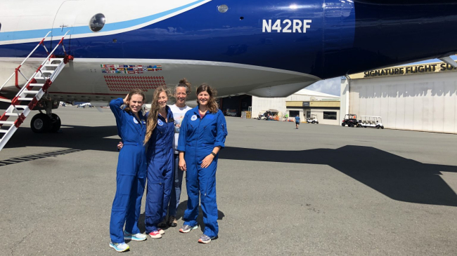 The first all-female science crew on a Hurricane Hunter flight to observe Hurricane Lane in 2018, including (left to right) Lisa Bucci, Kelly Ryan, Kathryn Sellwood, and Heather Holbach.