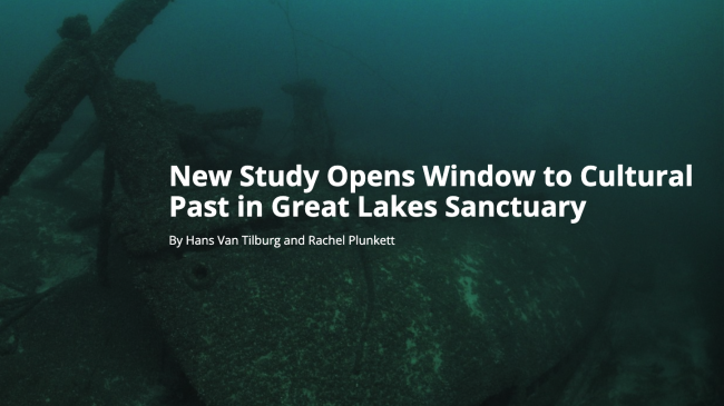 Photo of a scuba diver swimming past a shipwreck. The story title, "New Study Opens Window to Cultural Past in Great Lakes Sanctuary, By Hans Van Tilburg and Rachel Plunkett" is overlayed onto the image.