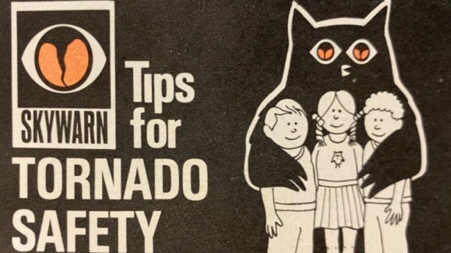 Photos of the front of the Owlie Skywarn card, showing Owlie the owl with his wings around three children with the words, "SKYWARN Tips for TORNADO SAFETY."