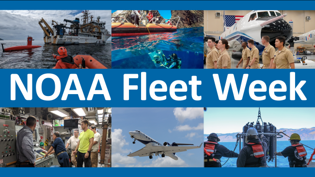 Collage showing NOAA ships, aircraft and employees.