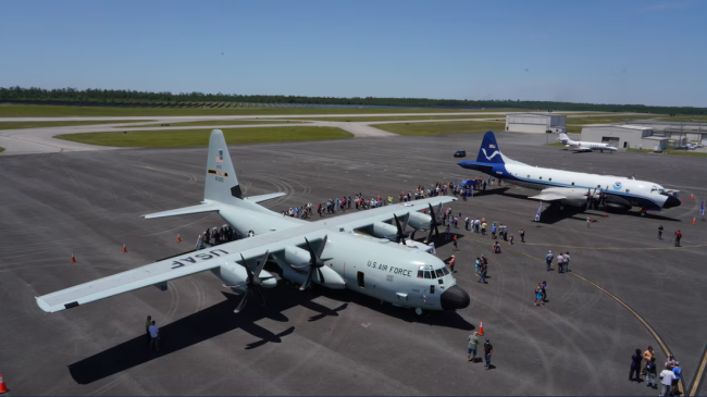 Photo showing People line up to board the NOAA and U.S. Air Force Reserve Hurricane Hunter aircraft during the Gulf Coast Hurricane Awareness Tour 2023 in Tallahassee, Florida, on May 4, 2024.